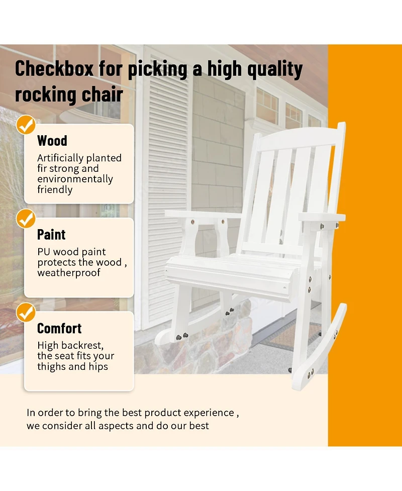 Mega Casa Wooden Rocking Chair with Comfortable Backrest Inclination, High Backrest and Deep Contoured Seat, for Backyard, Porch and Patio (Pu White)