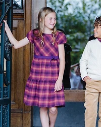 Hope & Henry Big Girls Organic Puff Sleeve Tiered Flannel Dress with Sash