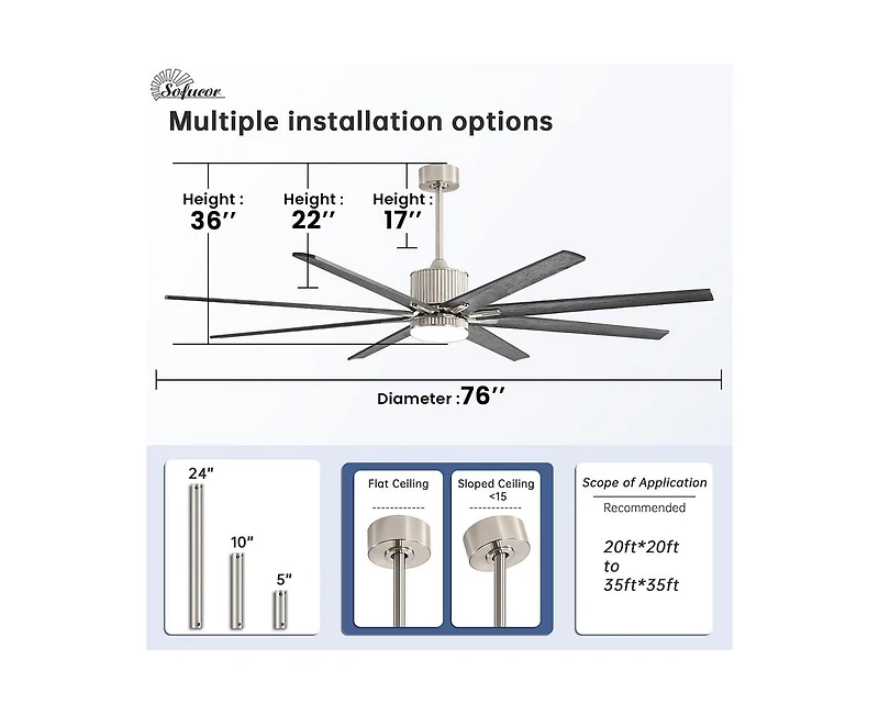 76-inch Modern and Simple Sand Nickel 8-Blade Ceiling Fans with Remote Control and Lighting Kit