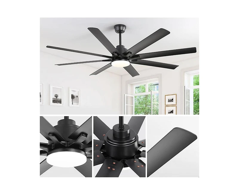 66-inch Modern Black 8-blade Ceiling Fan with Intelligent Remote Control and App Timing Function for Various Indoor Layouts