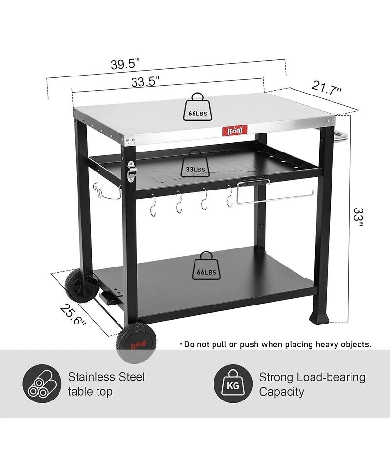 Three Shelf Movable Food Prep and Work Cart Table Home and Outdoor Table Top Worktable on Two Wheels