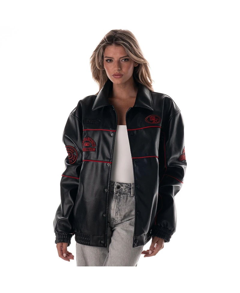 The Wild Collective Women's Black San Francisco 49ers Faux Leather Full-Snap Racing Jacket