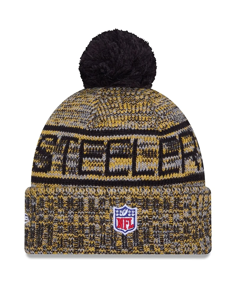 New Era Men's Gold Pittsburgh Steelers 2025 Sideline Cold Weather Cuffed Pom with Knit Hat