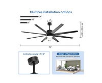 76-inch Modern and Simple Black 8-Blade Ceiling Fans with Remote Control and Lighting Kit