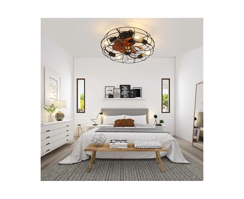20-inch Rustic Minimalist Style Black Caged Indoor 3 Blades Ceiling Fan Light with Remote Control Support Six Speed Ajustable and Timing Function