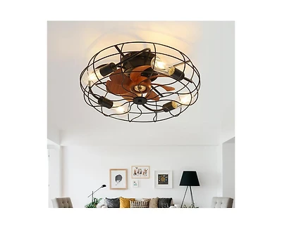 20-inch Rustic Minimalist Style Black Caged Indoor 3 Blades Ceiling Fan Light with Remote Control Support Six Speed Ajustable and Timing Function