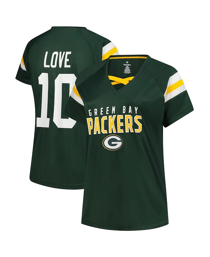 Fanatics Women's Jordan Love Green Bay Packers Plus Size Name Number Raglan Lace V-Neck T-Shirt