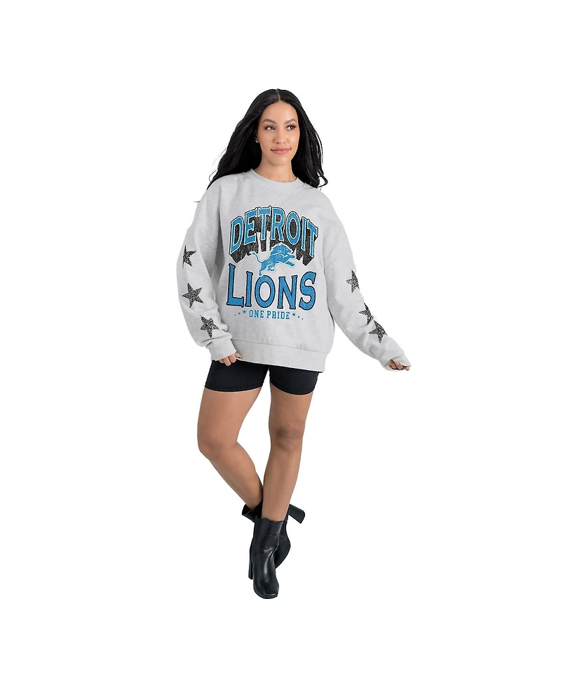Gameday Couture Women's Ash Detroit Lions Resilience Relaxed Rhinestone Pullover Sweatshirt