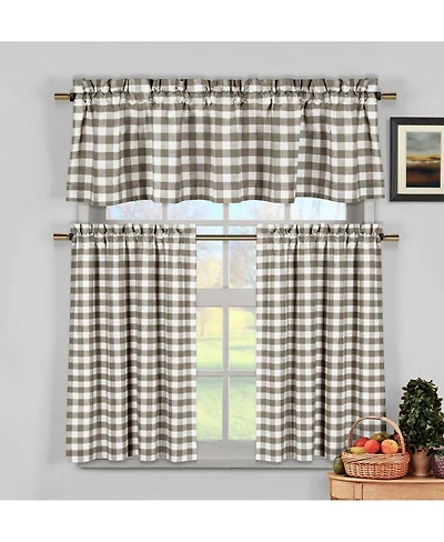 Kate Aurora Complete 3 Piece Country Farmhouse Plaid Kitchen Curtain Tier & Valance Set - Muted Taupe