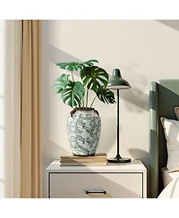 LuxenHome Green Floral Wide-Mouth Waterproof Ceramic Vase, 7.28" Round Indoor Home Decor