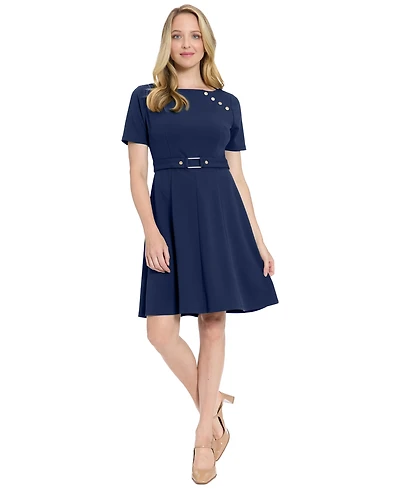 London Times Women's Boat Neck Fit & Flare Dress