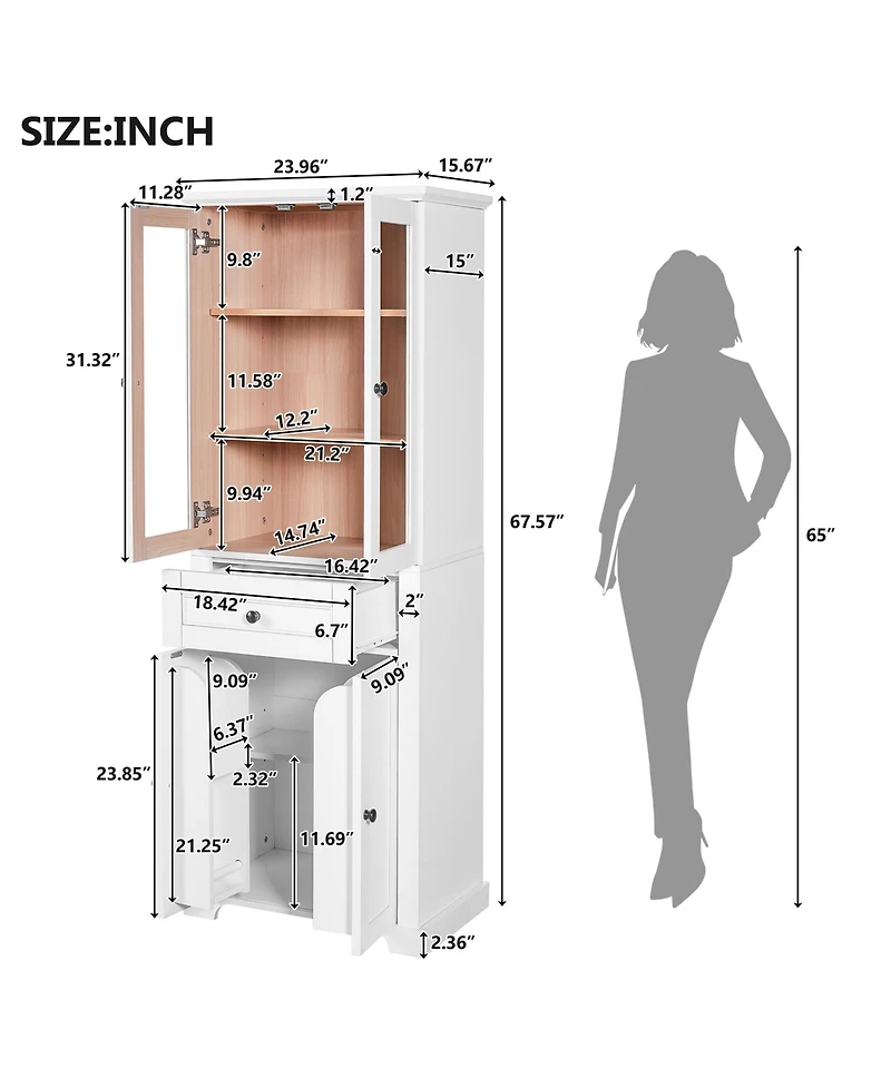 Airsurfer 67.2" Tall Bathroom Storage Cabinet with Tempered Glass Doors, Adjustable Shelves, Drawer, Modern Freestanding Linen Tower with Soft-Cl