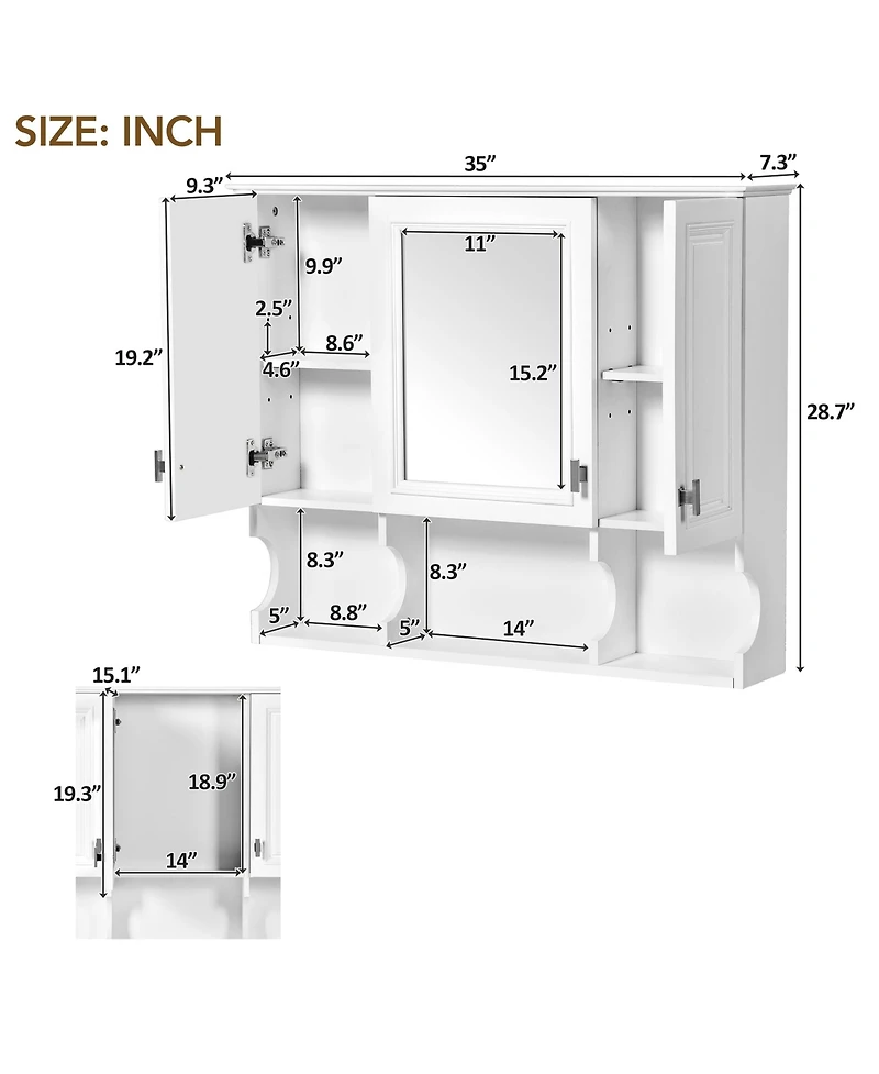 Airsurfer 35 x 28 Wall Mounted Bathroom Medicine Cabinet Modern Bathroom Wall Cabinet with Mirror and Open Shelves Mirror Cabinet for Bathroom Storage