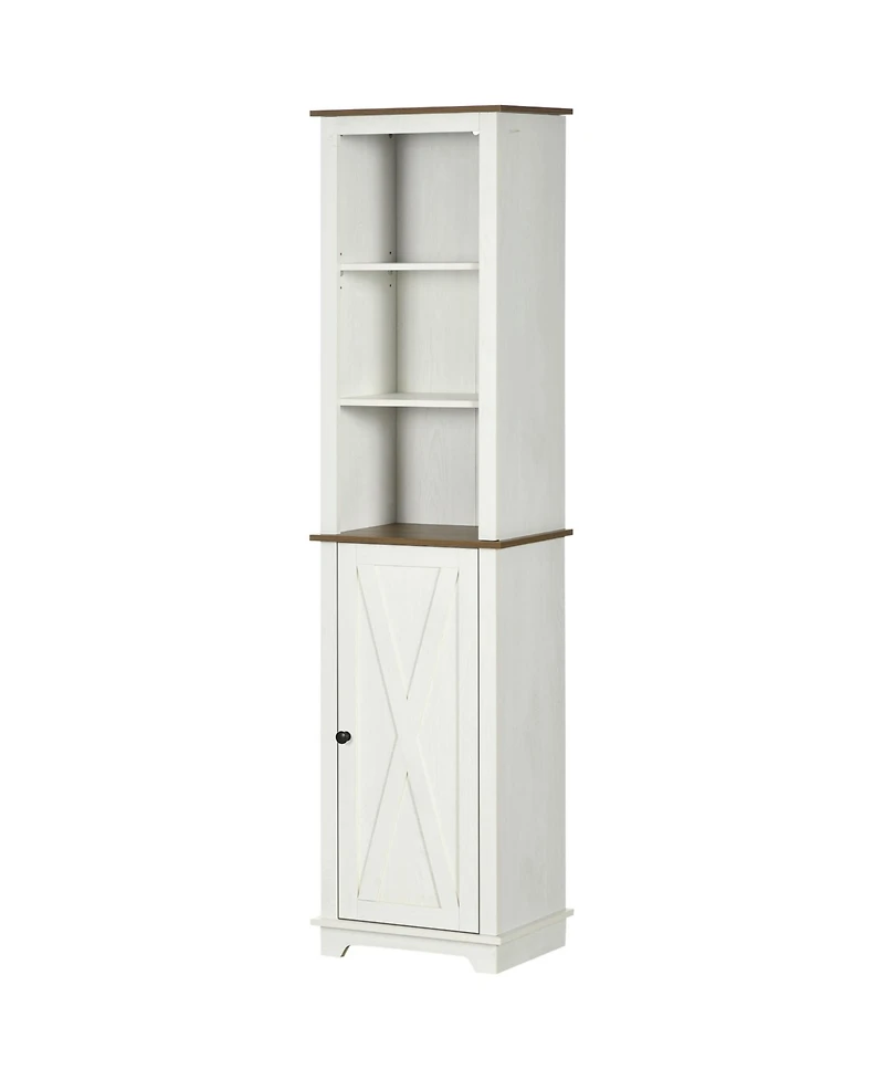 Bathroom Storage Cabinet with Triple Open Shelves Wooden Freestanding Linen Tower with Door and Adjustable Shelf White