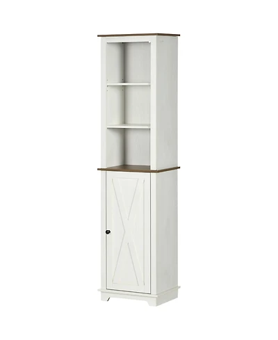 Bathroom Storage Cabinet with Triple Open Shelves Wooden Freestanding Linen Tower with Door and Adjustable Shelf White