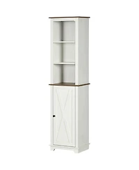 Bathroom Storage Cabinet with Triple Open Shelves Wooden Freestanding Linen Tower with Door and Adjustable Shelf White