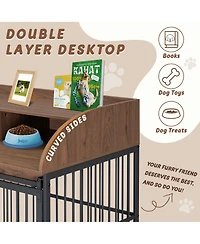 44 Inch Heavy Duty Large Dog Crate Furniture Wooden Dog Kennel End Table Crate with Lockable Wheels and Double Layer Storage Brown