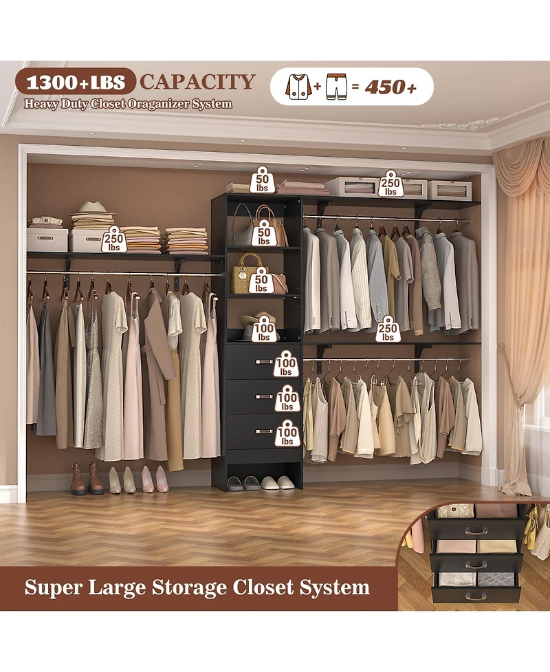 120'' Heavy Duty Closet Organizer System with 3 Wooden Drawers, 10FT Walk-in Shelving Towers