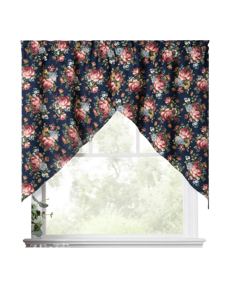 Ellis Bella Rose Stylish Medium Scale Printed Floral Pattern 1.5" Rod Pocket Tailored Swag 56"x36" Navy