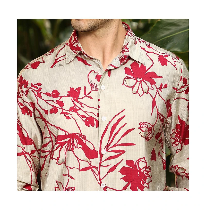 Campus Sutra Men's Scarlet Red Freesia-Imprint Shirt