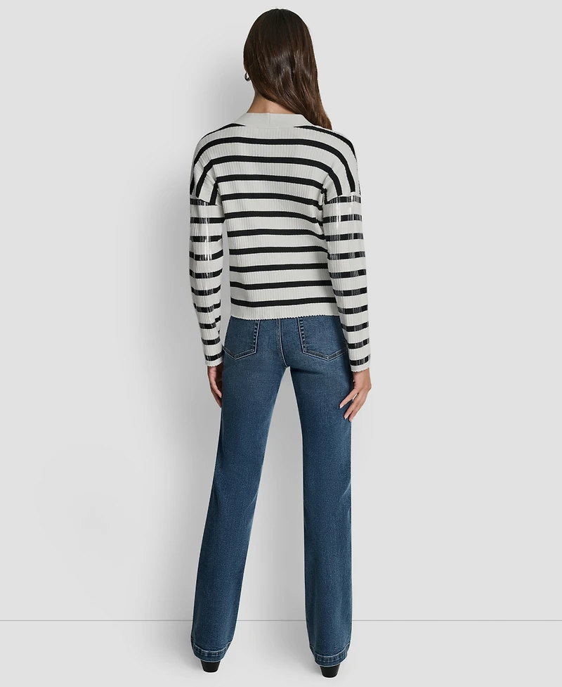 Dkny Jeans Women's Striped Cropped Long-Sleeve Cardigan Sweater