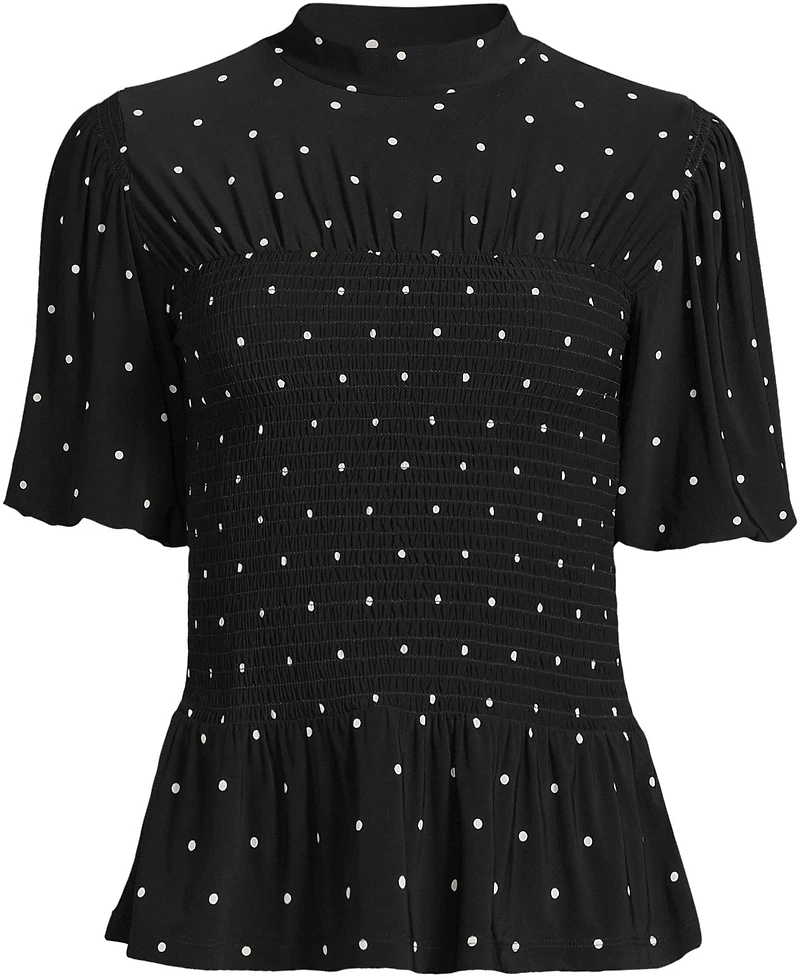 Lands' End Plus Bubble Sleeve Silky Knit Smocked Mock Neck Top