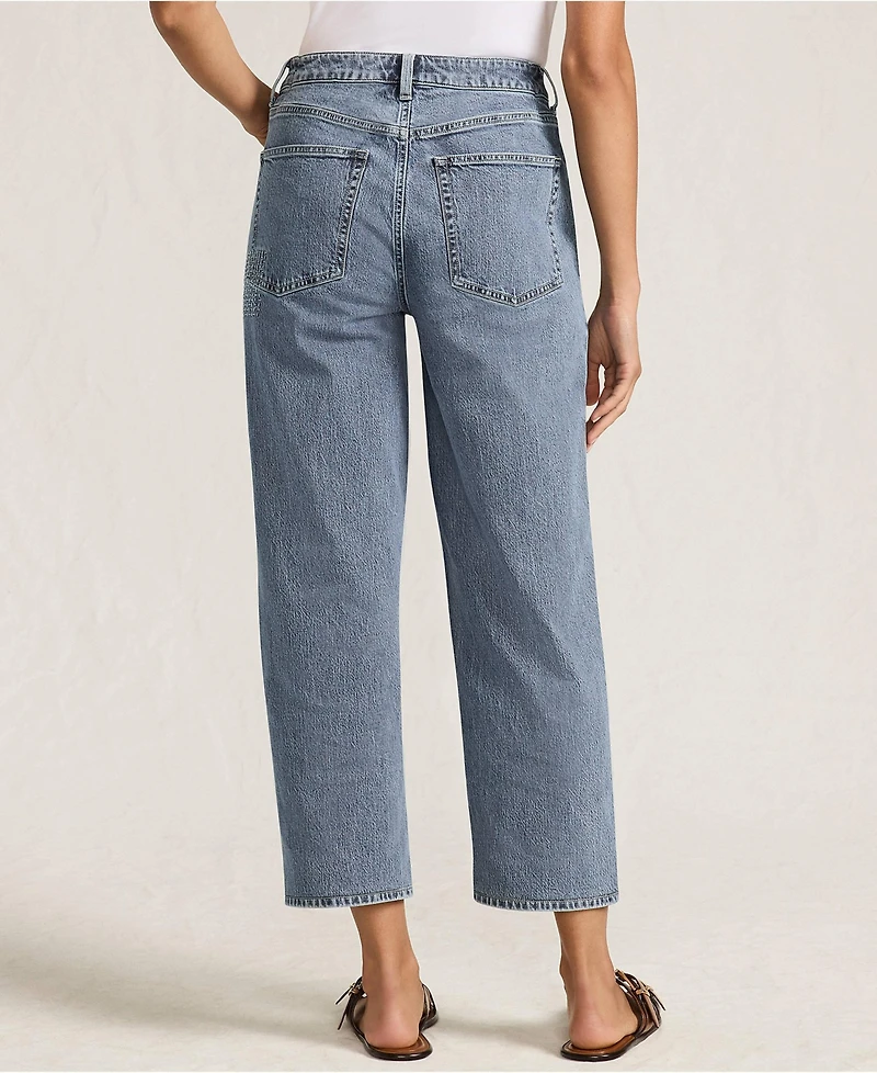 Lands' End Women's Soft Denim Mid Rise Relaxed Straight Crop Patchwork Jeans