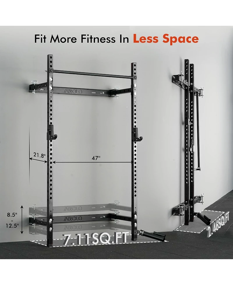 Mikolo 2" x Folding Wall Mounted Squat Rack, 1000 Pounds Capacity Power Rack with Pull Up Bar, J Hooks and Other Attachments, Space-Savin