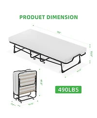 Portable Folding Bed with Mattress & Metal Frame for Easy Storage, 75"x 31"