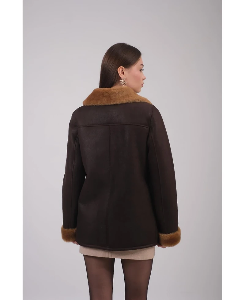 Furniq Uk Women's Leather Sheepskin Peacoat, Brown, Created for Macy's