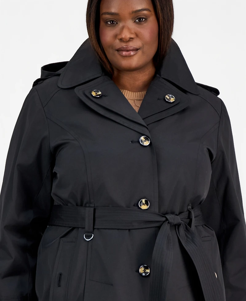 London Fog Plus Size Single-Breasted Hooded Belted Trench Coat