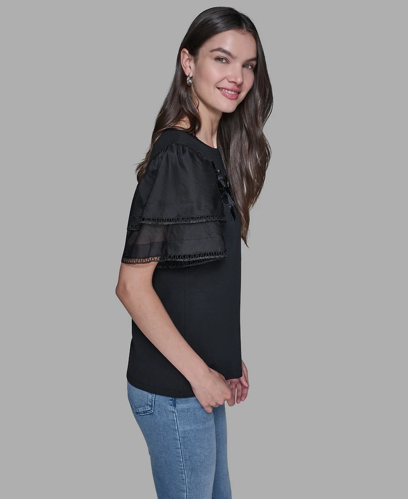 Karl Lagerfeld Paris Women's Ruffled Crewneck Floral Top