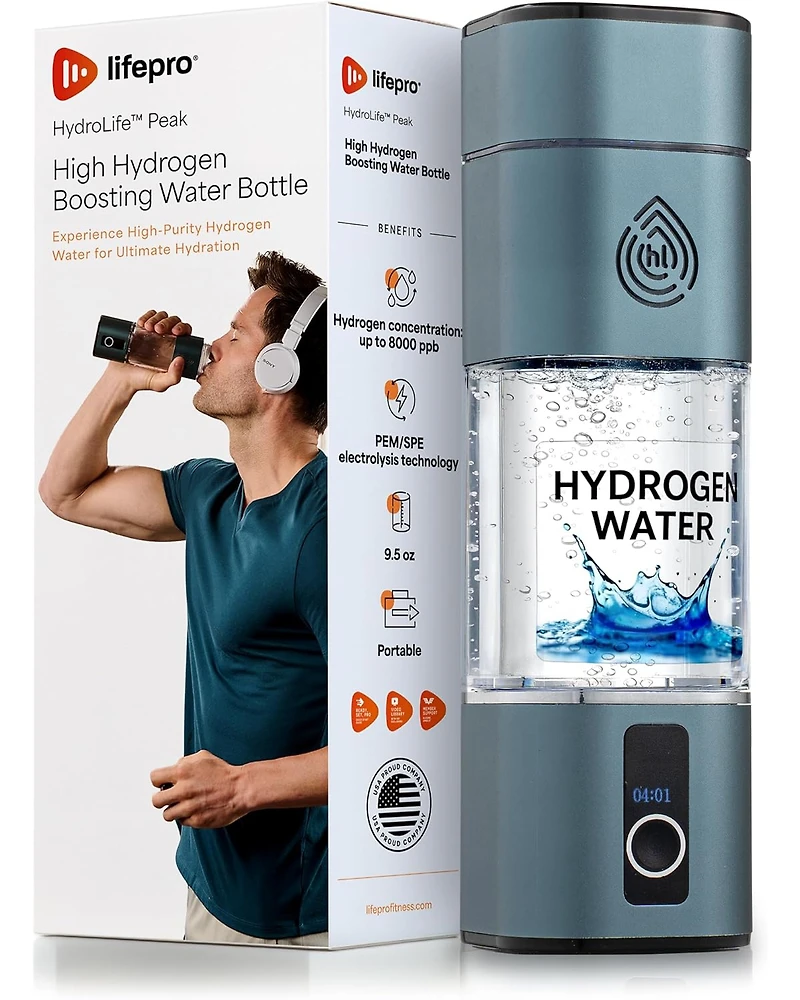 Lifepro HydroLife Peak 280ml Hydrogen Water Bottle with Spe/Pem Tech, Oled Display & Usb-c Charging