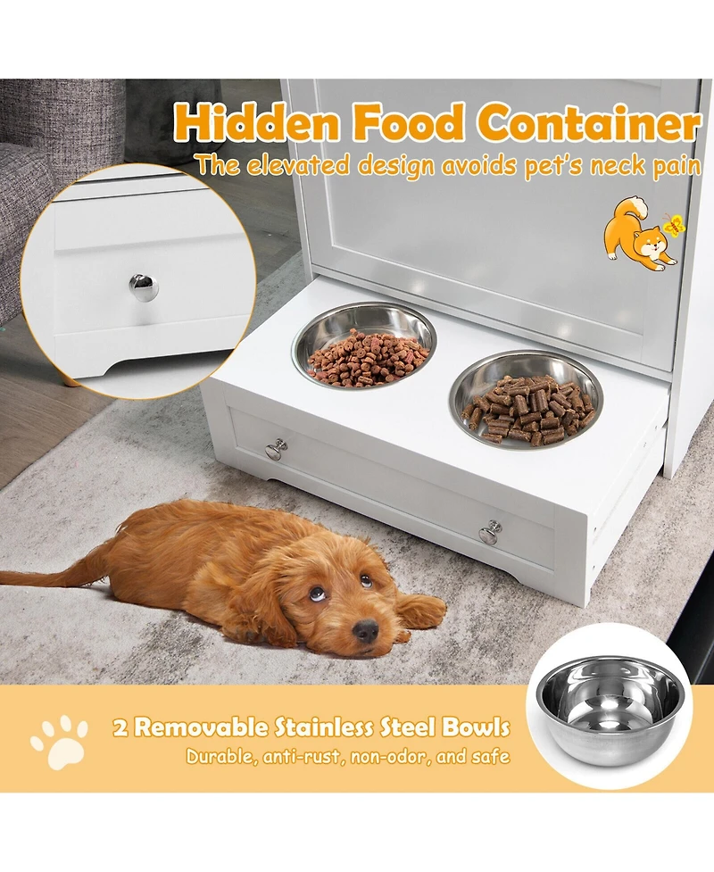 Gymax Pet Feeding Station Furniture w/ Double Pull Out Dog Bowl Food Cabinet