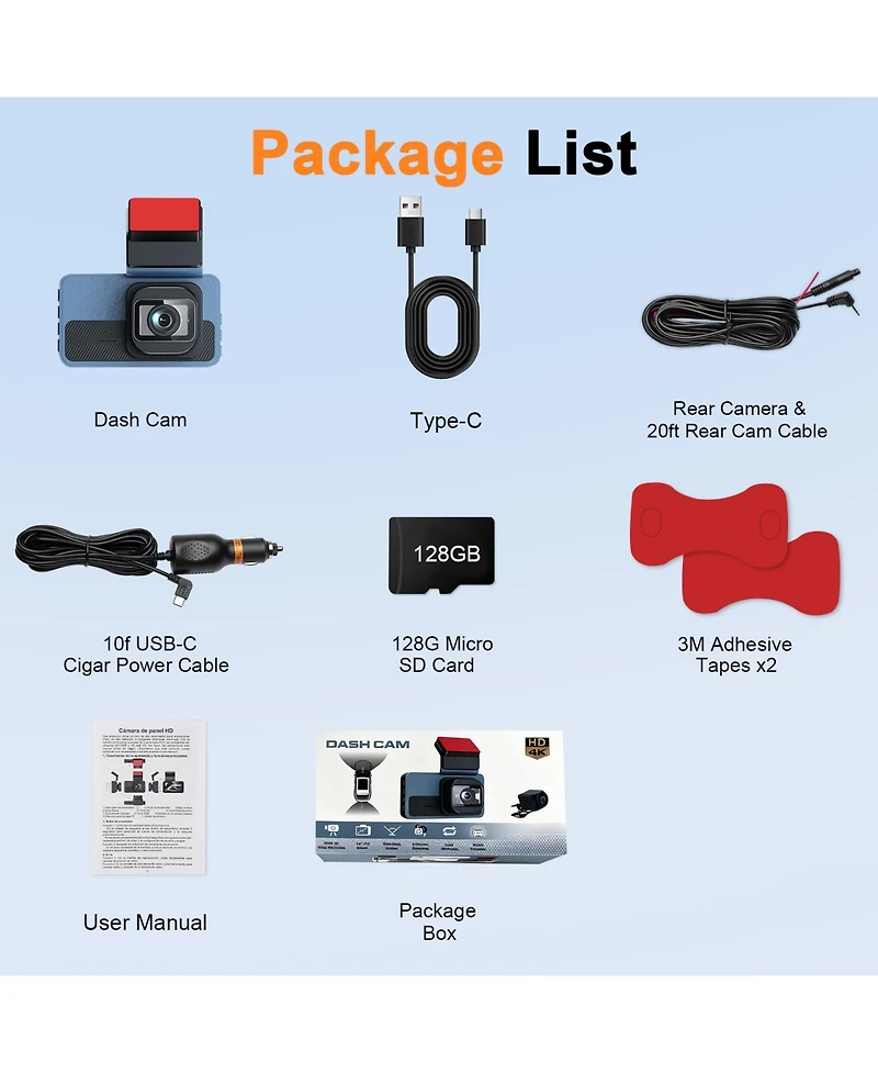4K Front and 1080P Rear Dash Cam – Dual Car Camera with Wi-Fi, Gps Tracking, Night Vision & 128GB Card