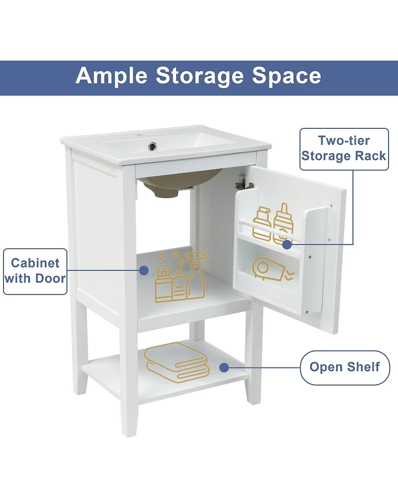 20" Bathroom Vanity with Sink, Cabinet Soft Closing Door, Storage Rack and Open Shelf, White