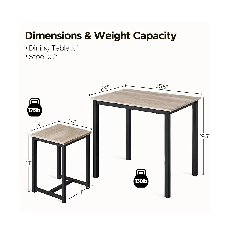 Yaheetech 3 Pc. Engineered Wood Iron Frame Backless Stool Industrial Rectangular Table Dining Room Set