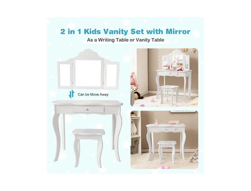 Kids Dressing Vanity Set with Detachable Tri-Folding Mirror and Stool,Pink