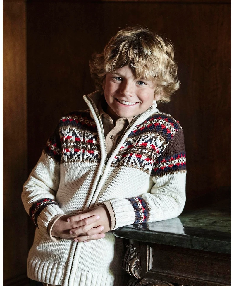 Hope & Henry Boys Organic Long Sleeve Full Zip Mock Neck Intarsia Sweater