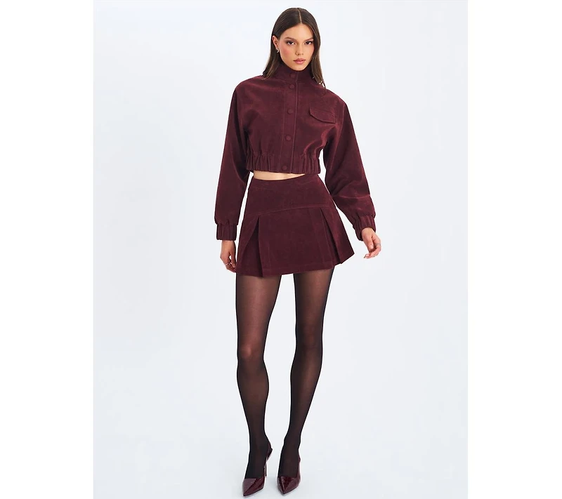Miss Circle Women Farryn Mahogany Faux Suede Cropped Bomber Jacket