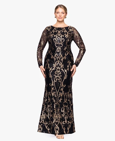 Betsy & Adam Plus Sequined Long-Sleeve Sheath Gown