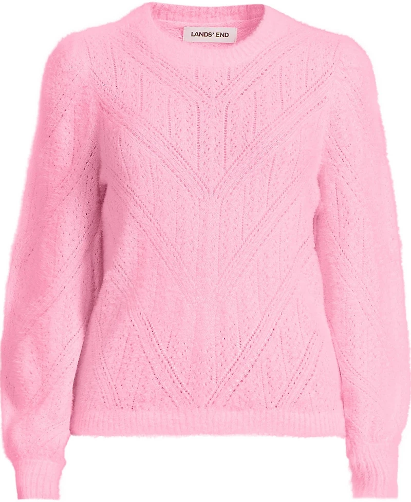 Lands' End Women's Eyelash Fuzzy Pointelle Puff Sleeve Sweater