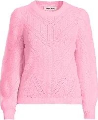 Lands' End Women's Eyelash Fuzzy Pointelle Puff Sleeve Sweater