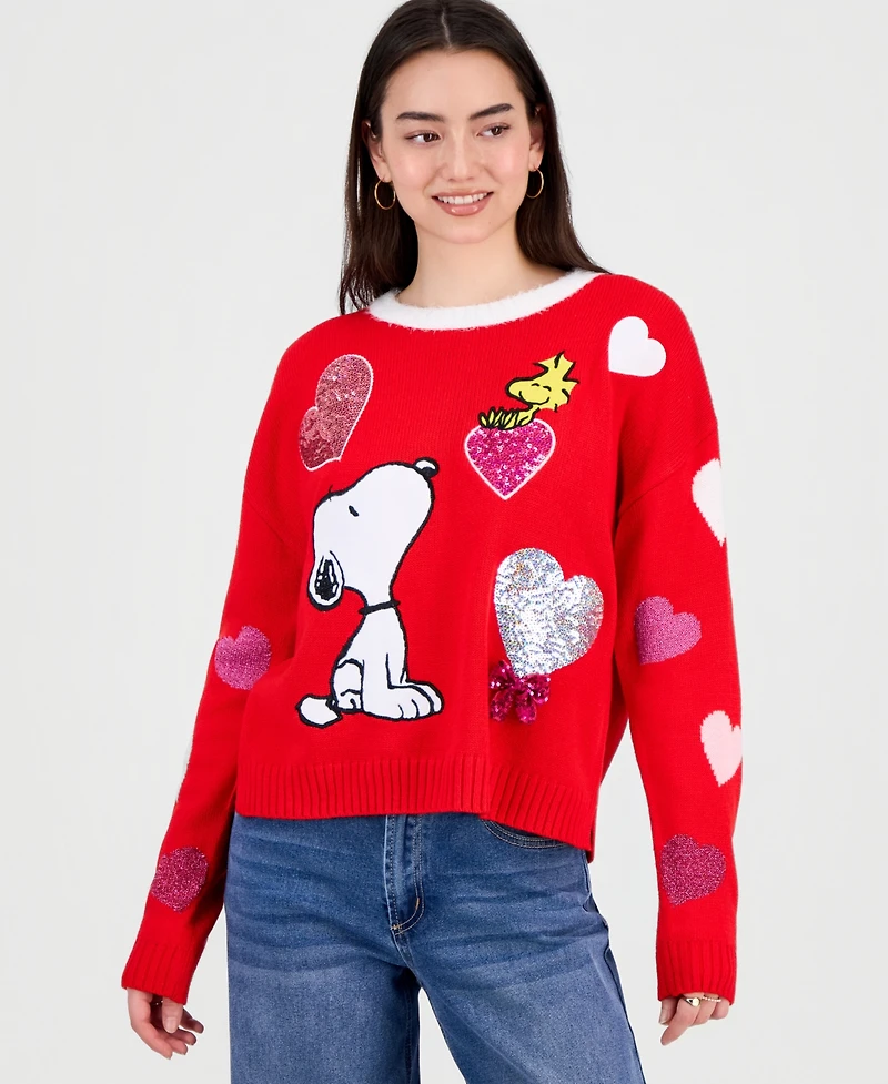 Hooked Up by Iot Juniors' Sequin Heart Snoopy Sweater