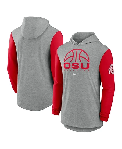 Nike Men's Gray/Scarlet Ohio State Buckeyes Basketball Color-Block Tri-Blend Dri-fit Long Sleeve Hoodie T-Shirt
