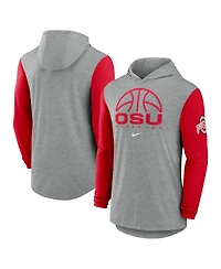 Nike Men's Gray/Scarlet Ohio State Buckeyes Basketball Color-Block Tri-Blend Dri-fit Long Sleeve Hoodie T-Shirt