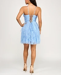 pear culture Juniors' Glitter-Mesh Petal Fit & Flare Dress