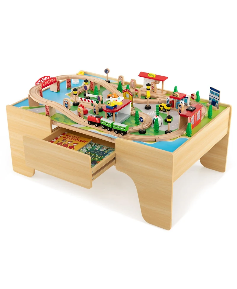 Mecale 84-Piece Wooden Train Set with Reversible and Detachable Tabletop