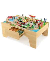 Mecale 84-Piece Wooden Train Set with Reversible and Detachable Tabletop