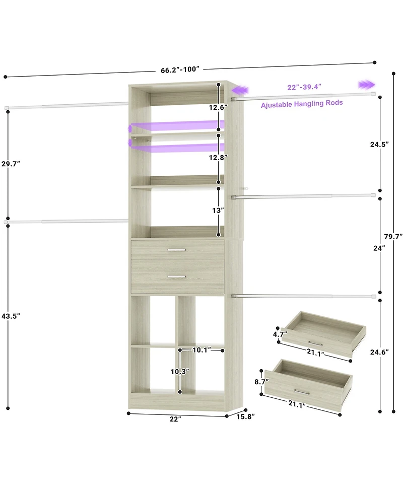 Aheaplus 4-8 Ft Walk-in Adjustable Closet Organizer System with 2 Drawers and 5 Rods, Fits 60-96'' Closets